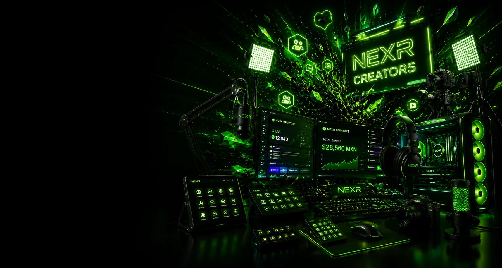 Estudio digital NEXR Creators con herramientas de transmisión y seguimiento