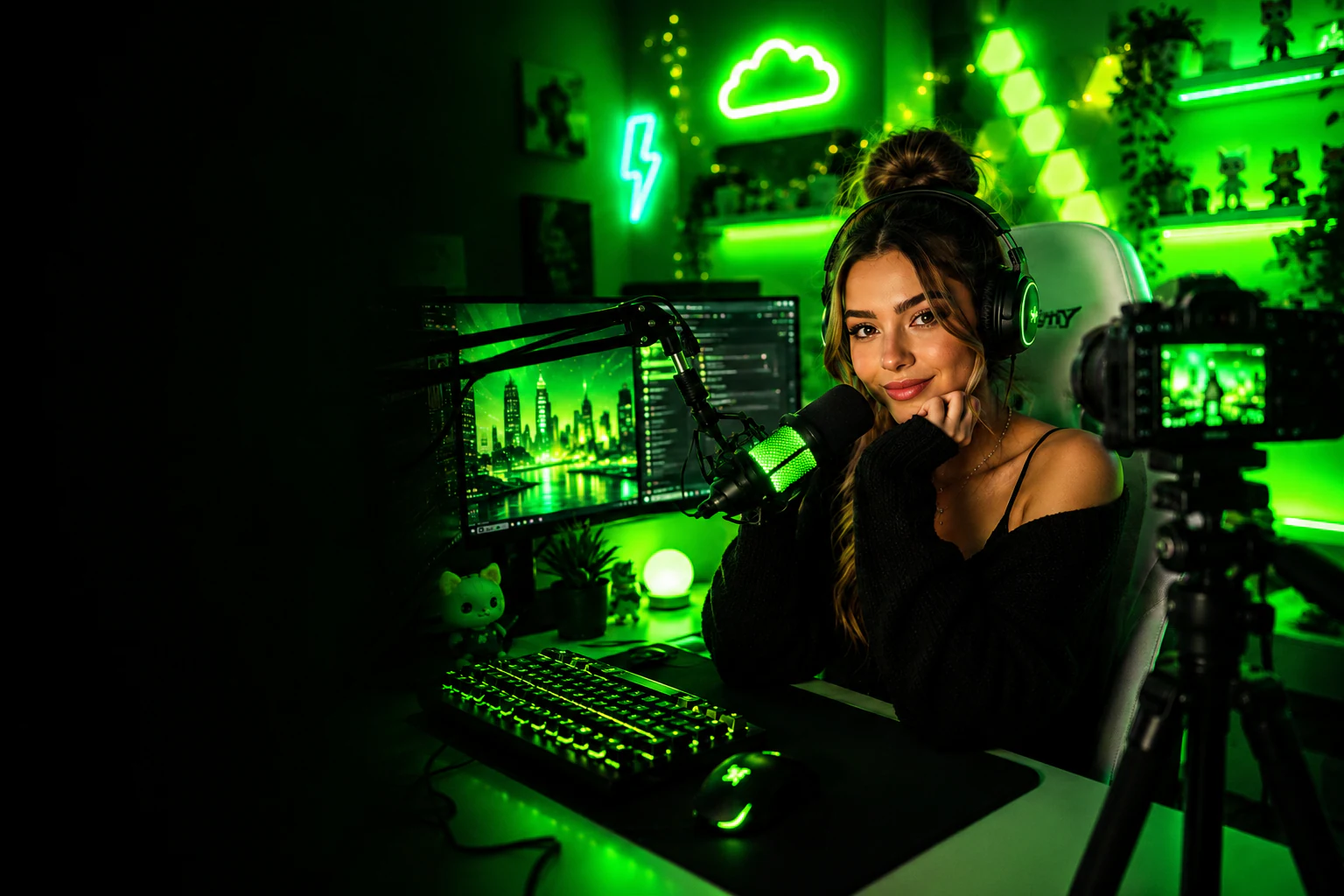 Creadora de contenido en un setup verde